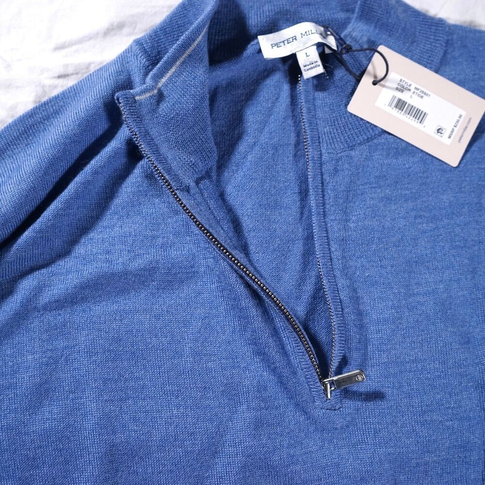 Peter Millar Crown Merino Wool Quarter Zip Sweater Blue Mens Large NWT Was $230 - Picture 5 of 12